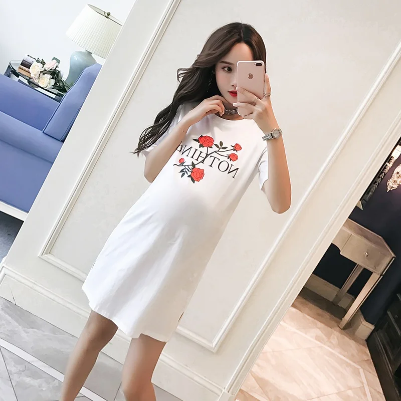 

Korean fashion maternity dress summer new cotton letter printing short-sleeved pregnant women T-shirt pregnancy dress