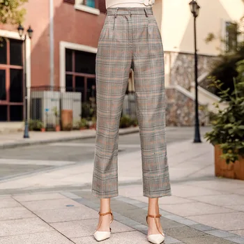 

2018 england style Spring Plaid Basic Pants Women Casual High Waist Long Straight pants Female Zipper Office Lady Pants Bottoms