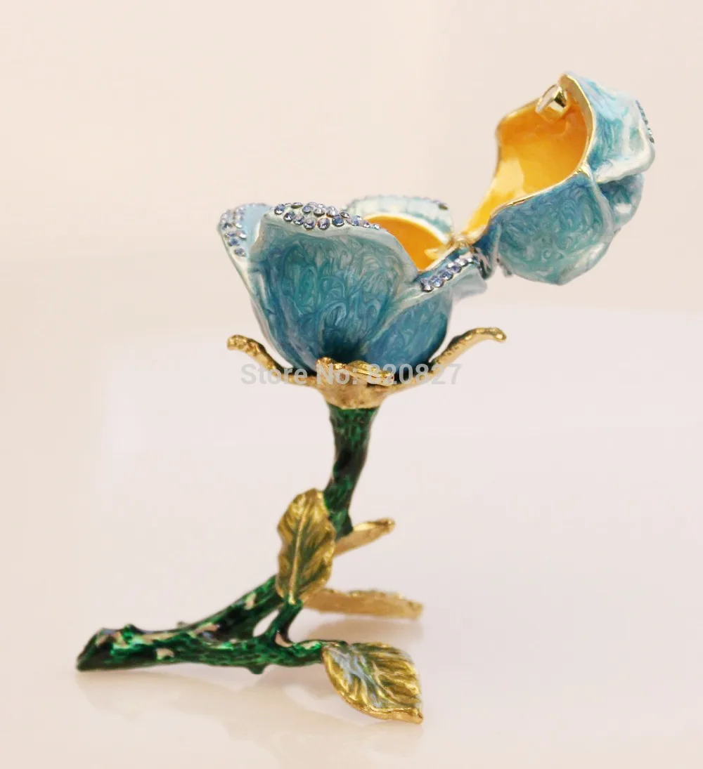 Голубая роза Bejeweled инкрустированная Ювелирная шкатулка свадебный подарок, металлический оловянные украшения для жены и любимой