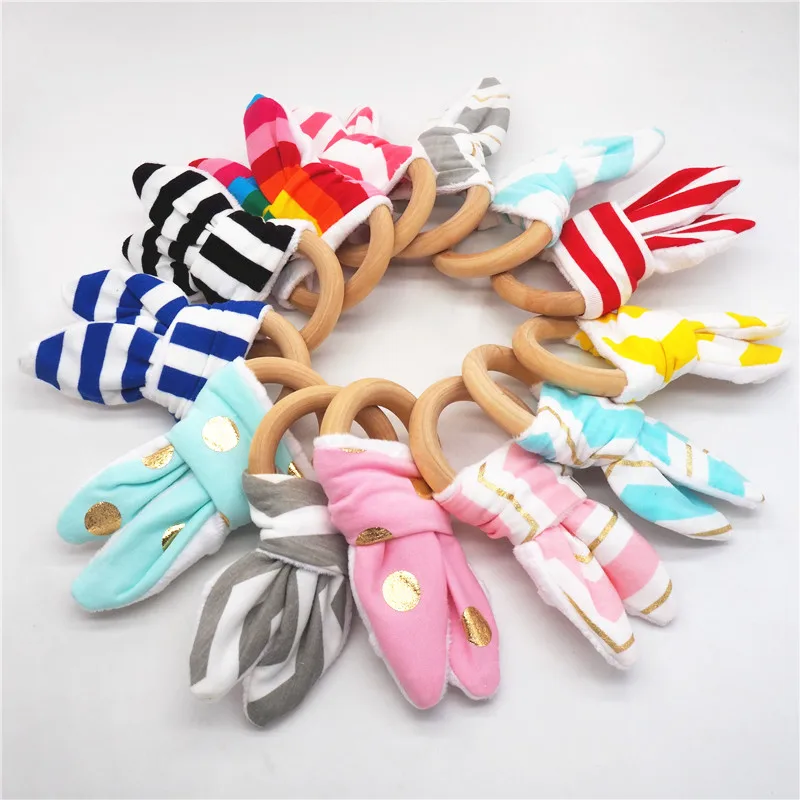 

Chenkai 2PCS Wooden Cotton Teether Ring Nature DIY Handmade Infant Baby Pacifier Dummy Nursing Grasping Bunny Ear Rattle Toy