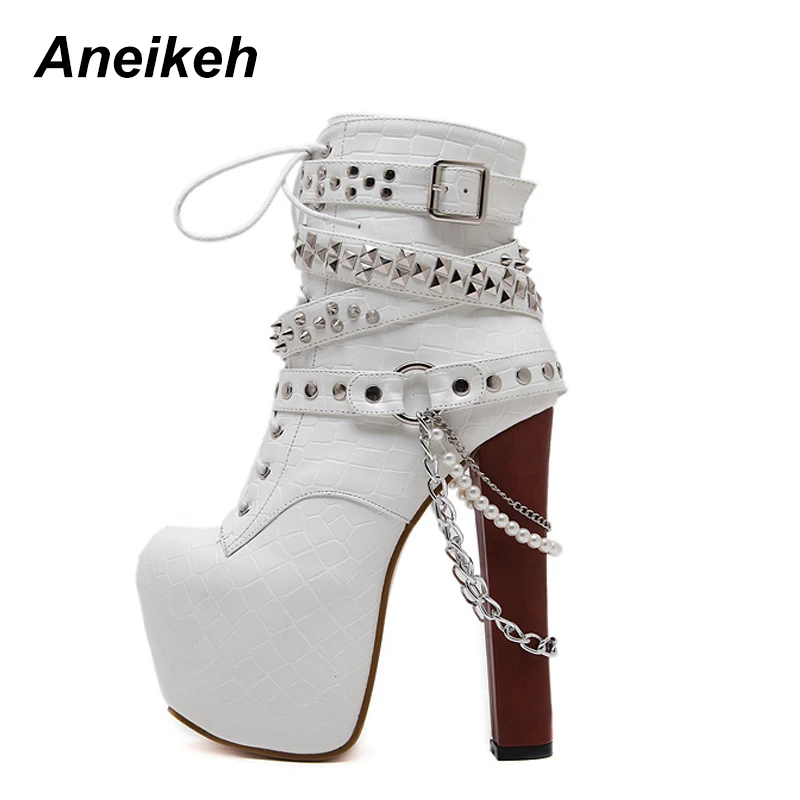 Aneikeh New PU Round Toe Super High Square Heel Women Shoes Sexy Cross-tied Style Short Tube Platform Motorcycle Boots