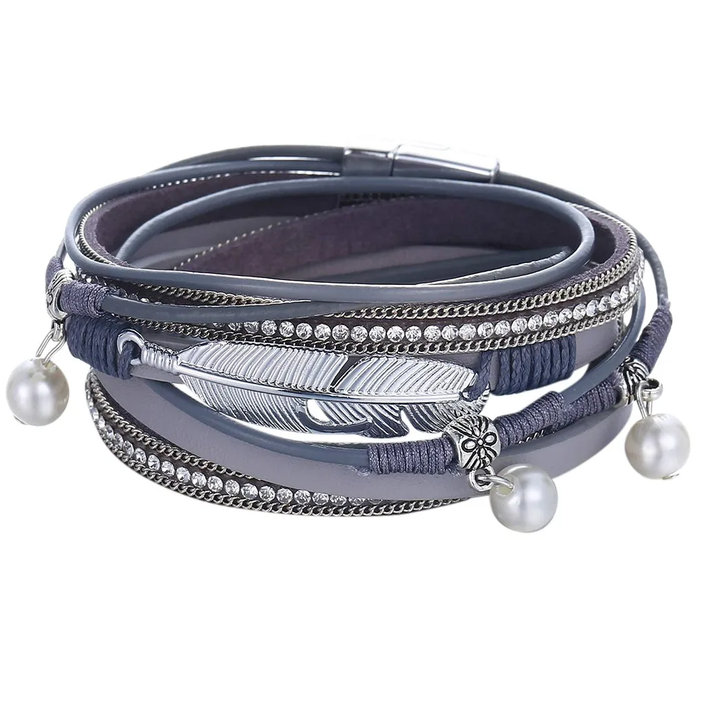 Многослойный кожаный браслет-Плетеный обтягивающий браслет, манжеты с магнитом из сплава
