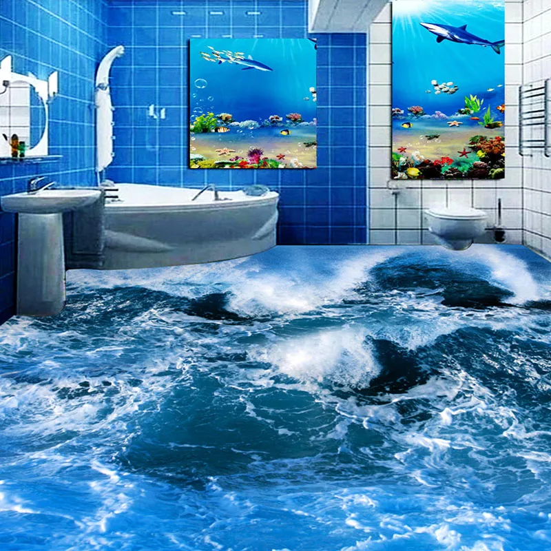 

Custom Floor Mural Wallpaper PVC Non-slip Waterproof Thickened Self-adhesive Wall Paper Sea Waves 3D Floor Decoration Painting
