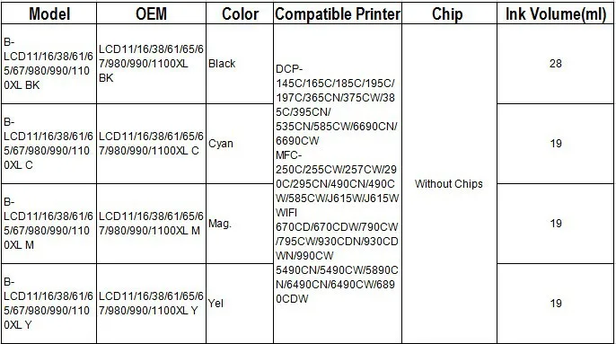 10x совместимый чернильный картридж для принтера Brother LC 985 LC975 LC67 LC1100 LC980 чернильный картридж XL для Brother dcp 185C 195C 9805C принтер