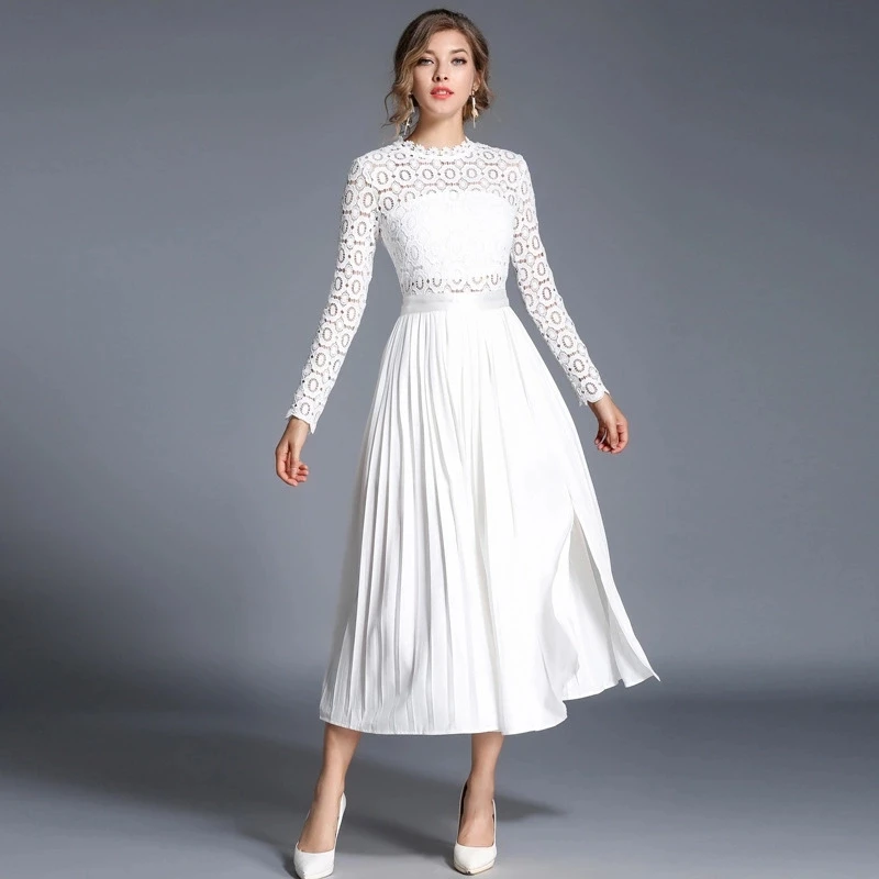 New Autumn Long Pleated Party Dress 2017 Fall Fashion Women Long Sleeve Hook Flower Hollow Out White Long Lace Dresses long-white-lace-dress New Autumn Long Pleated Party Dress 2017 Fall Fashion Women Long Sleeve Hook Flower Hollow Out White Long Lace Dresses long-white-lace-dress