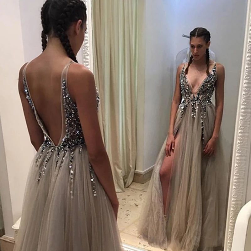 Kaufen Sexy Tiefe V ausschnitt Side Split Lange Abend Kleid 2019 Neue Ankünfte Backless Sparkly Hohe Slit Sehen Durch Abendkleider Lang