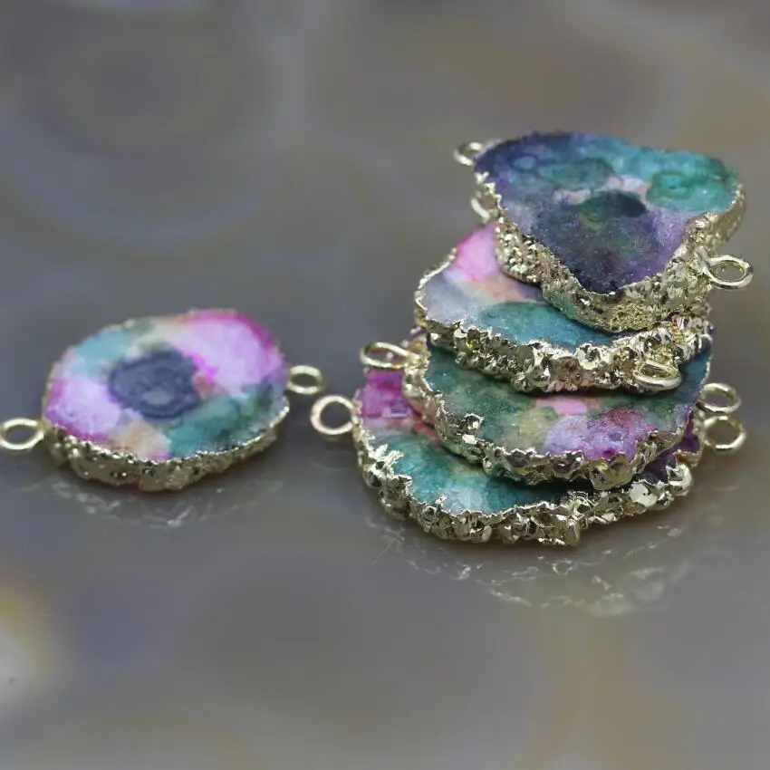 5Pcs/lot,Rainbow Color Solar Quartz Drusy Geode Slabs Gold Edges Connectors Charms,Raw Sun Flower Druzy Nugget Pendants Jewelry