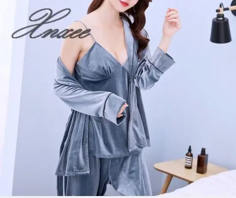 

Xnxee pajamas women autumn and winter new cardigan home service three-piece
