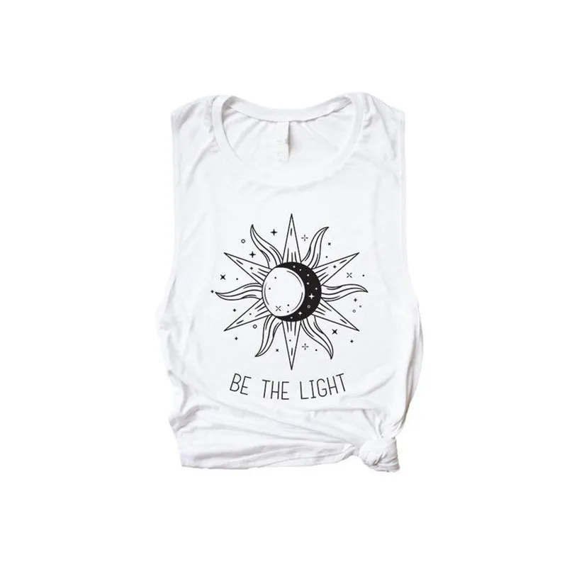 Белый Be The Light Print майка женская забавная графическая Солнце Луна звезды Повседневная с круглым вырезом без рукавов Топ Женская летняя футболка - Цвет: Белый
