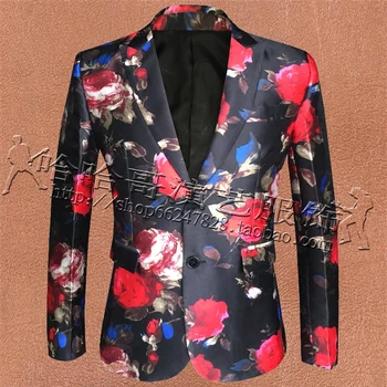 

Nightclub New Style Red Flowers Printed Fashion Floral Men Suit Jacket Bar Rocking Singer Prom Costume Luxury Stage Show Blazer