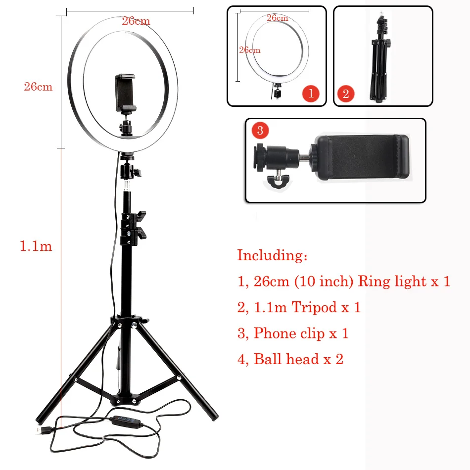 Dimmable 1" 26 см светодиодный кольцевой светильник, камера, смартфон, видео светильник, лампа для макияжа, Youtube, видео-съемка, Набор держателей для телефона - Цвет: 5600 К