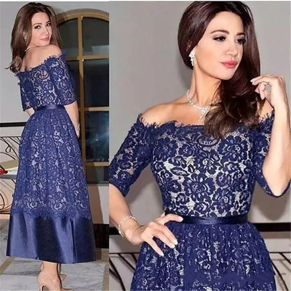 navy off the shoulder mother of the bride dress