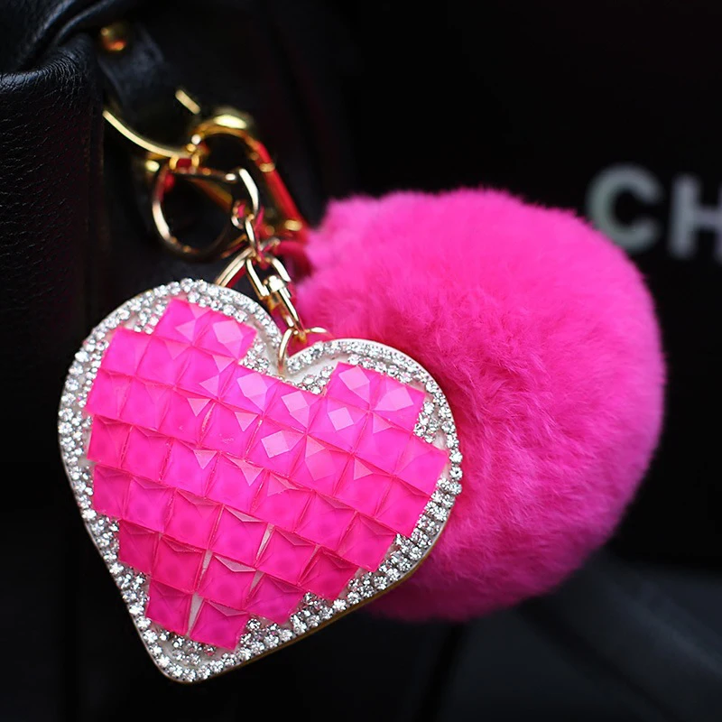 

Fashion Cute 8cm Fluffy Rabbit Fur Pom Pom Keychain Rhinestones Heart Key Chain Llavero Pompon Keyring Bag Charm Pendant Gifts
