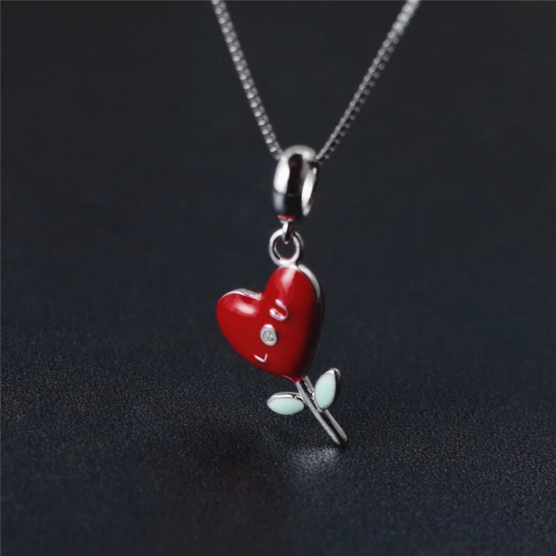

New 925 sterling silver cute sweet red color heart flowers drop of glaze pendants necklace simple wild women necklace jewelry