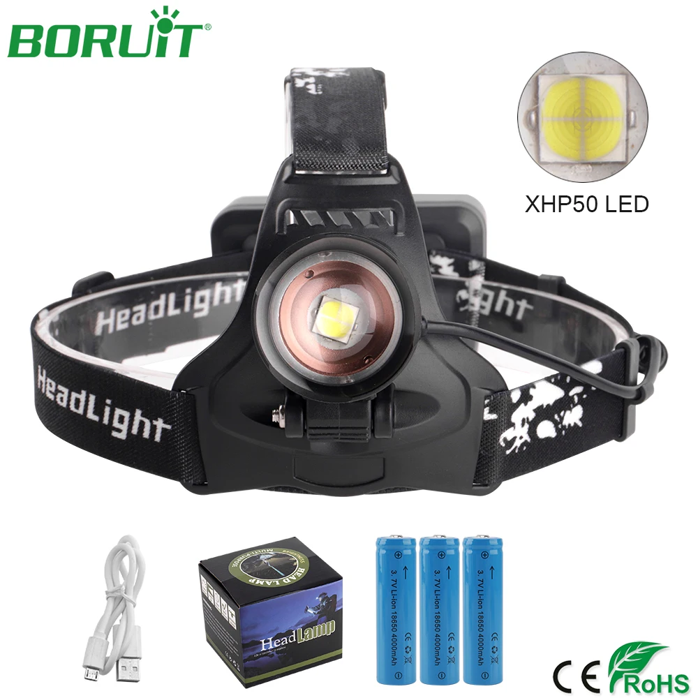 BORUiT супер яркий XHP50 светодиодный налобный фонарь масштабируемый перезаряжаемый