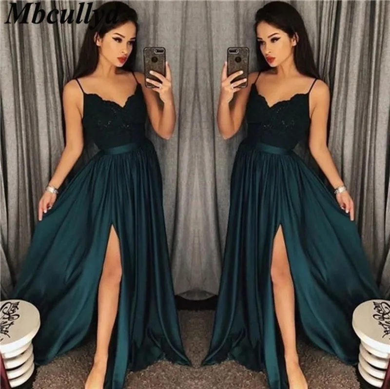 

Mbcullyd Dark Green Prom Dresses 2019 Long Side Split Lace Applique Dress Evening Wear Plus Size V-neck Pageant gala jurke