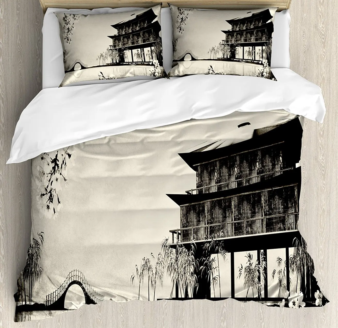 Japanese Duvet Cover Set Ink Painting Style Landscape Of Far