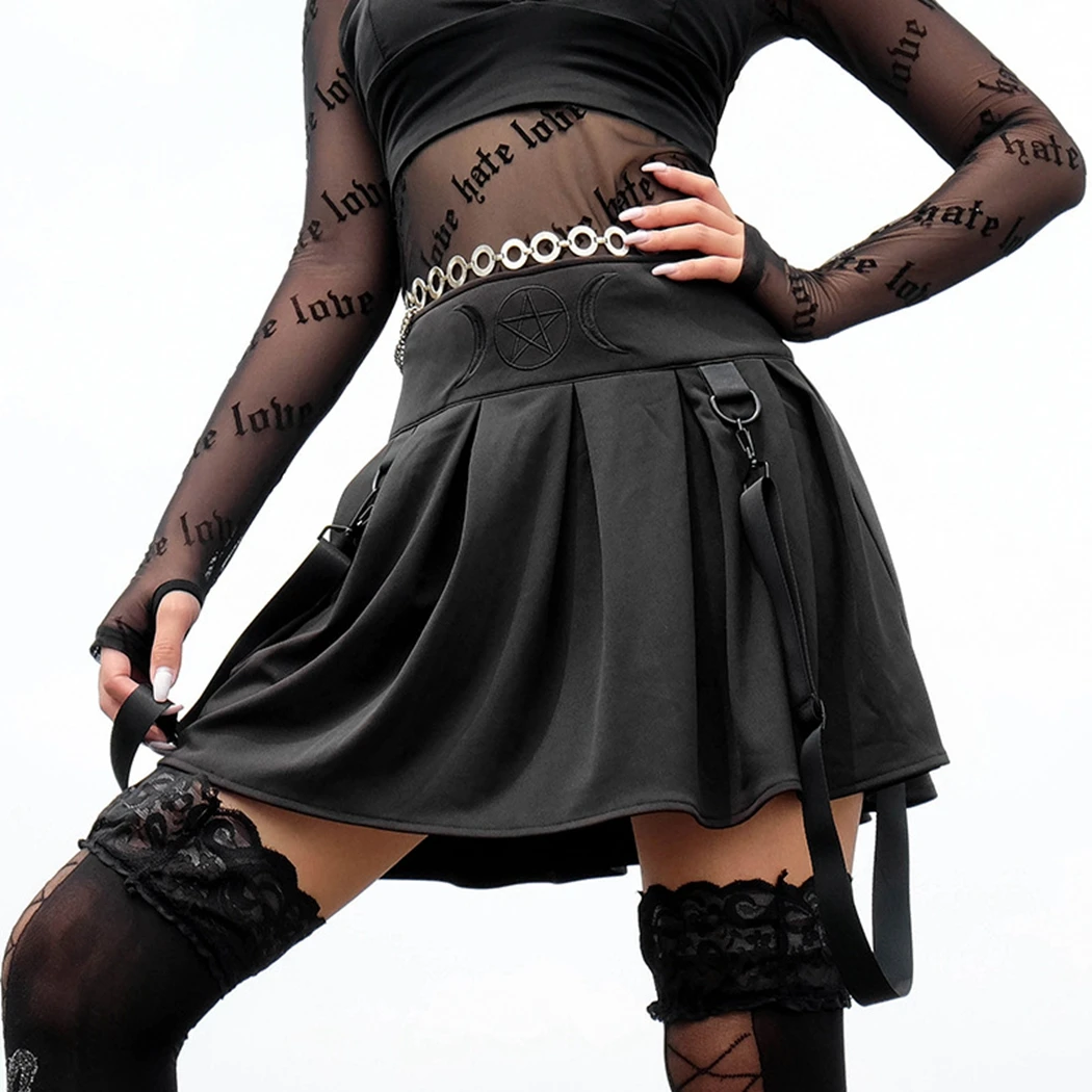 

Punk Rock Gothic Skirts Summer Women Harajuku Waist Embroidered Pleated Skirts Chic Girls High Waist Suspender Belt Mini Skirt