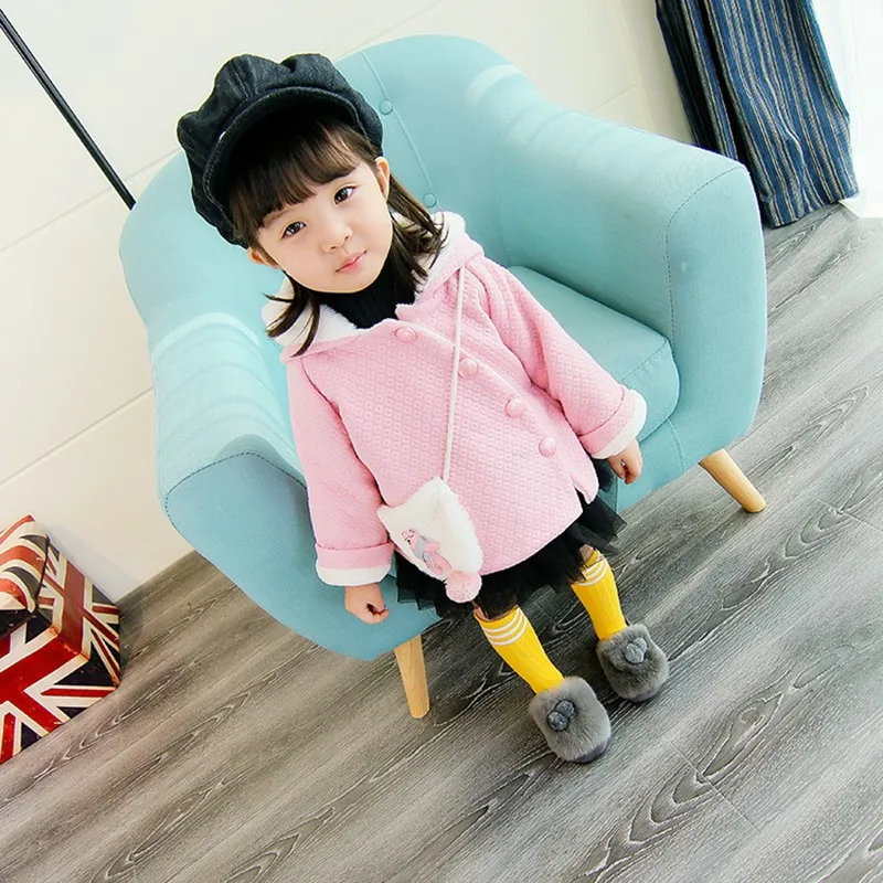 Baby girl Coat In Autumn and winter  Pure color dots Little bear bag Hooded jacket for Kids Children  (15)