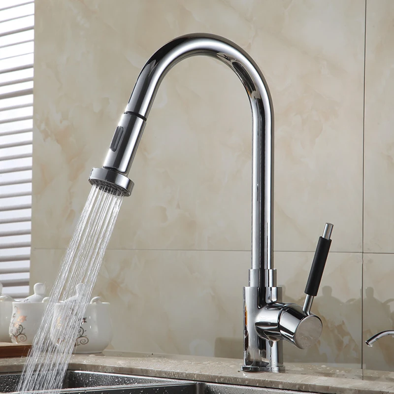  Kitchen Faucet Single Handle Hole Pull Out Spray Brass Kitchen Sink Faucet Mixer Cold Hot Water Tap - 32371728292