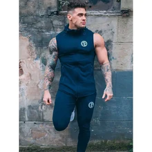 Cool Summer Men Set 2PC Sporting Suit Sleeveless Hooded Tank top+pants Two Piece Set high quality Gym sportwear Tracksuit Men