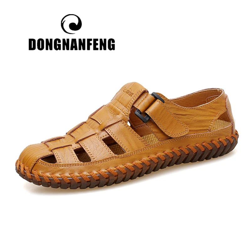 

DONGNANFENG Men's Male Retro Casual Cow Genuine Leather Shoes Sandals Soft Cool Beach Summer Hook Loop Size 46 47 XLD-99006