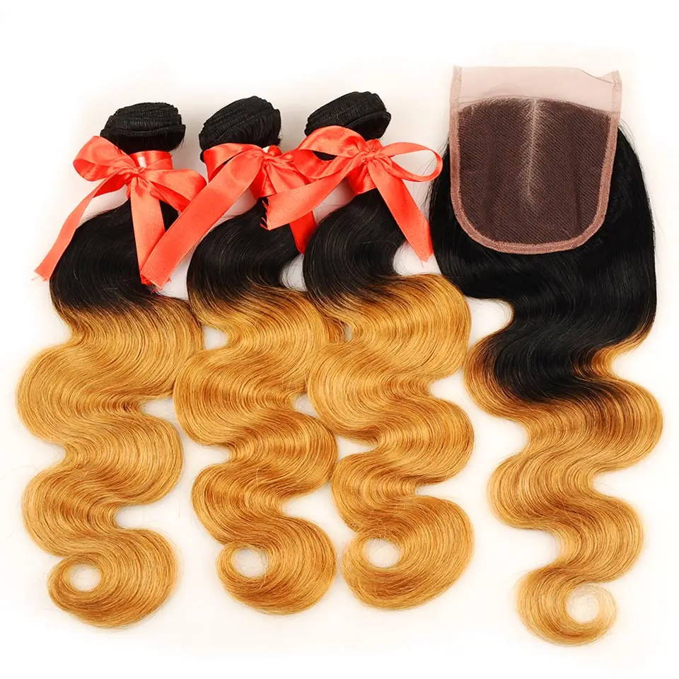 Pinshair Pre-Colored T1B 27 Peruvian Body Wave 3 Bundles With Closure Ombre Human Hair Bundles With Closure Non Remy Extensions (29)