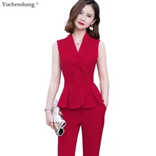 Летняя одежда, короткий рукав, Женский комплект из 2 предметов, модный брючный костюм, размер S-4XL, тонкий жилет, куртка без рукавов, блейзер с брюками красного цвета
