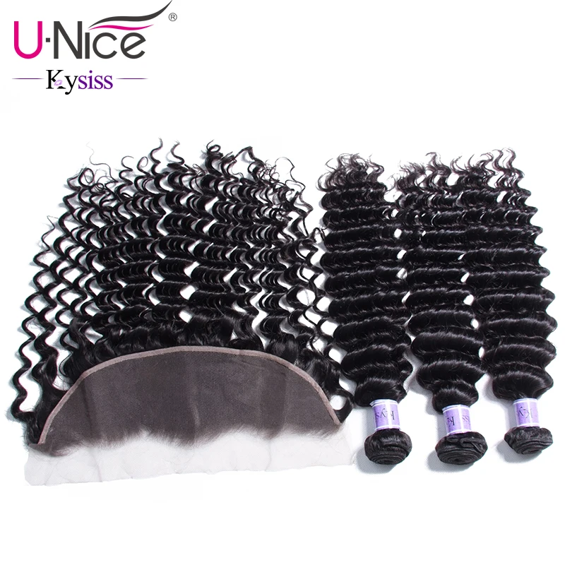 UNice Hair 8A Kysiss Series Malaysian Virgin Bundles With Lace Frontal 4 PCS Deep Wave Human Extension Natural Color | Шиньоны и парики