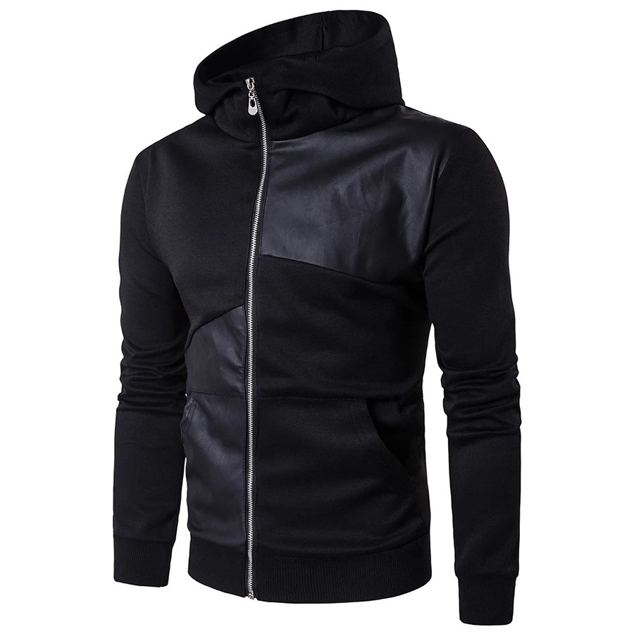 

Mens hoodies sweatshirts zip-up male cardigan hooded top coat autumn winter leather patchwork warm thermal slim plus size S-2XL