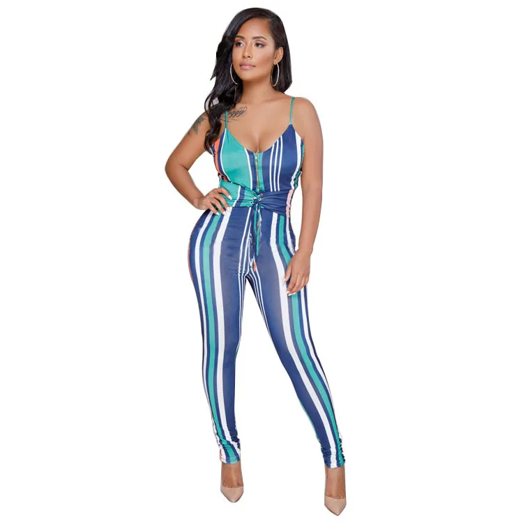 S XXL Fashion Ladies Sexy Jumpsuit Strap Striped Bodycon Jumpsuit And