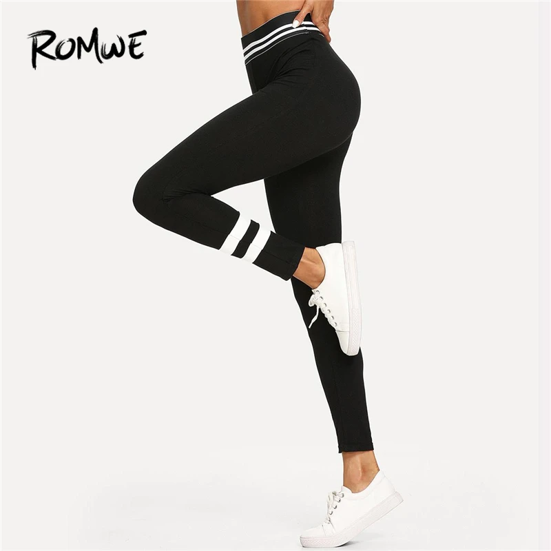 

Romwe Sport Black Striped Skinny Capris Elastic Waist Stretchy Yoga Pants Women Autumn Fitness Gym Active Wear Yoga Tights