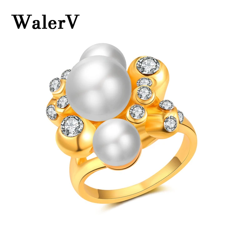 WalerV New Gold Color Ring for Women Set Fashion Charm Luxury White Round Three Pearl Rings Prom Party Wedding Jewelry Finger | Украшения и