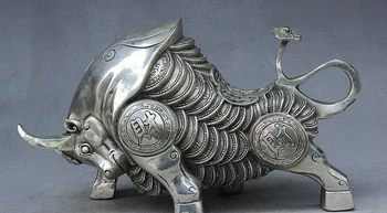 

11 Folk Chinese Fengshui Silver Wealth Coin Ru Yi Strong Cattle Bull Oxen Statue