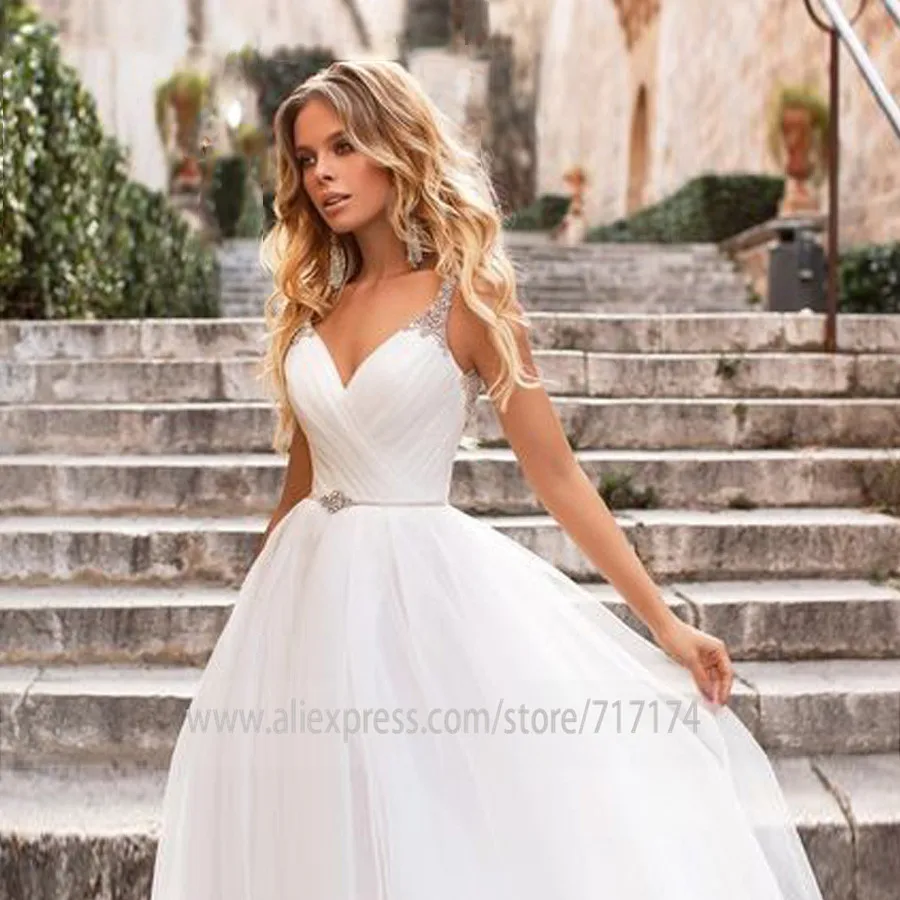 

V-neck Neckline Pleat Beading Straps Sleeveless A-line Wedding Dress with Pearls Belt Court Train Bridal Dress Vestido de novia