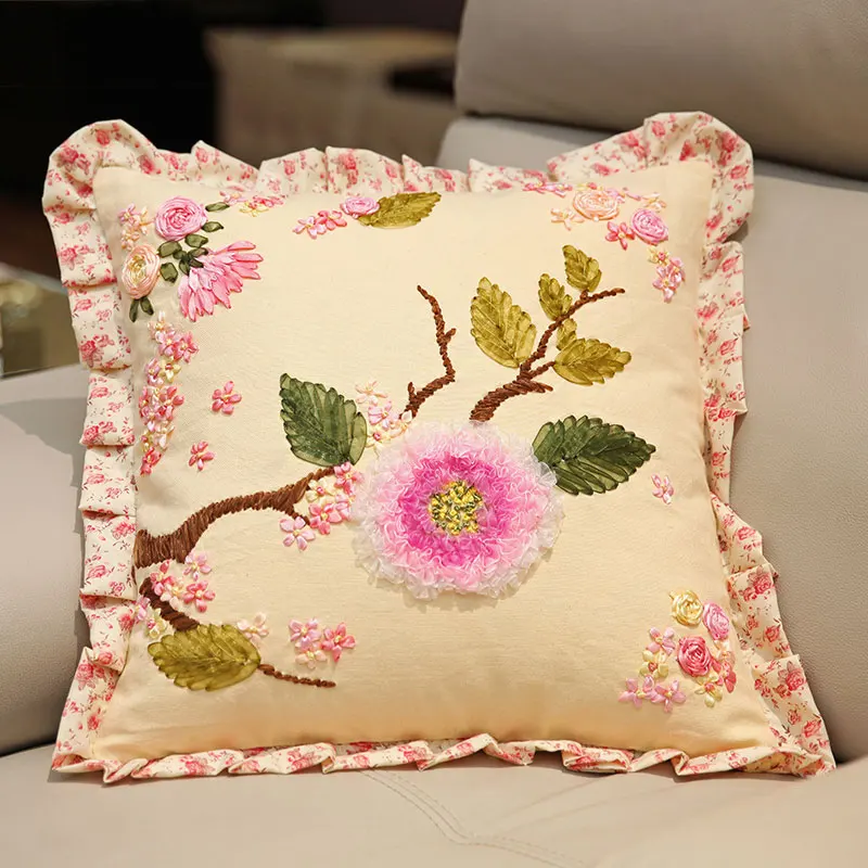 

Ribbon Embroidery Kit Toolkit Cushion Covers Pillow Home Gifts Unfinished Handmade DIY 3D Cross Stitch Embroidery Pastoral Style