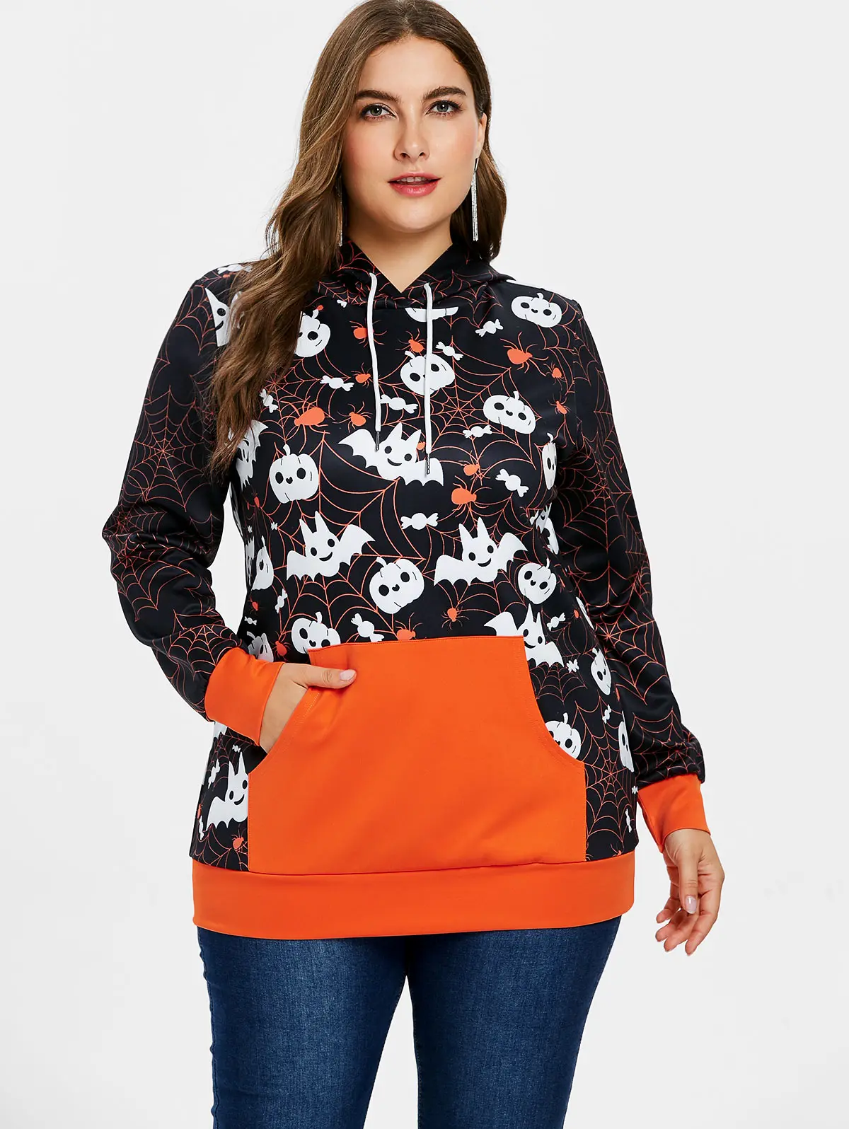 

Wipalo Autumn Plus Size Halloween Spider Web Pumpkin Print Hoodie Casual Women Hooded Kangaroo Pocket Pullover Hoodie Sweatshirt