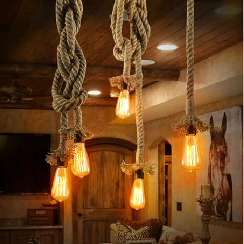 빈티지 로프 펜던트 라이트 대마 에디슨 전구 장식 E27 펜던트 램프 주방 다이닝 룸 DIY 핸드 니트 행글 램프 전등