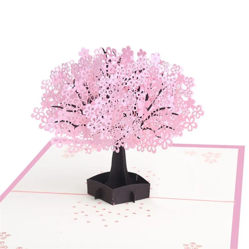 

Lovely Pink Pop Up Cherry Blossoms Greeting Cards Romantic Birthday Wedding Gift 3D Cards Handmade Flower Cherry Tree drop ship