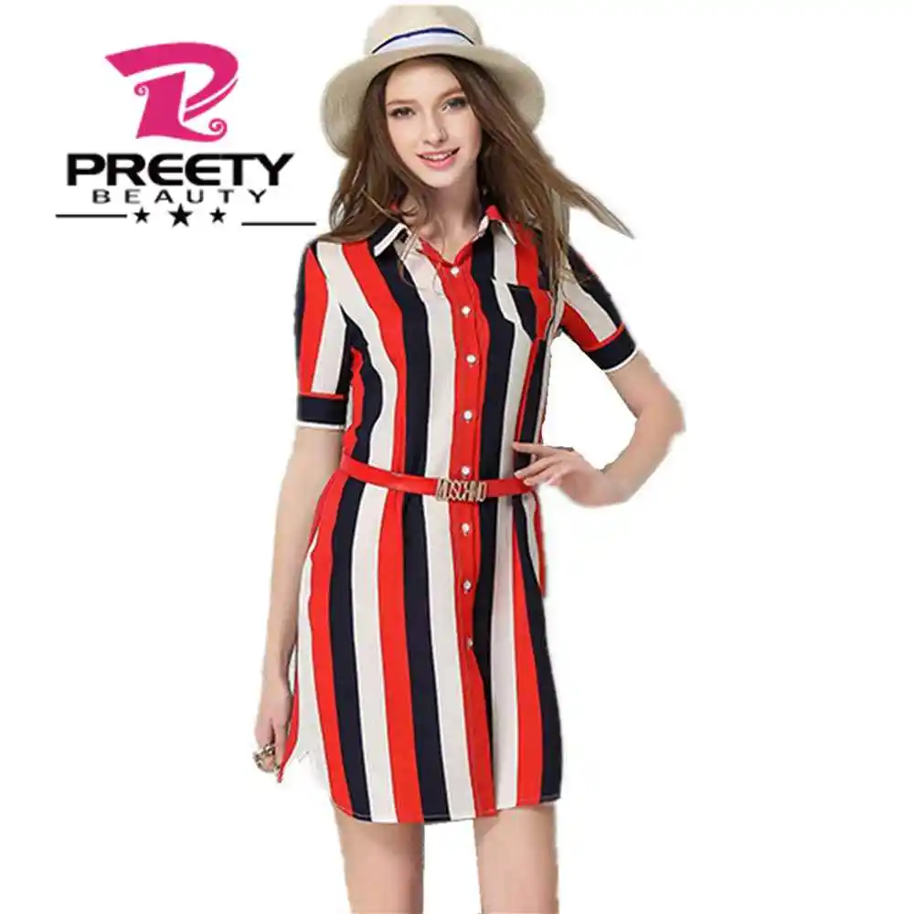 PreetyBeauty Vertical Red Striped Dresses For Women 2016 Summer Polo