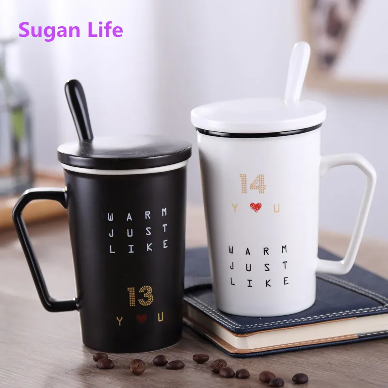 

NEW 380ml matte Ceramic black and white pair of cups for a lifetime couple cup with lid spoon Water glass creative 1314 mug