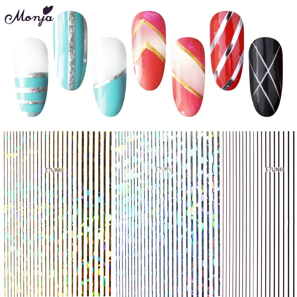 Monja, 5 цветов, металлические самоклеящиеся наклейки для дизайна ногтей, линии, полосы, узор, мульти стиль, 3D, сделай сам, наклейки, маникюрные украшения