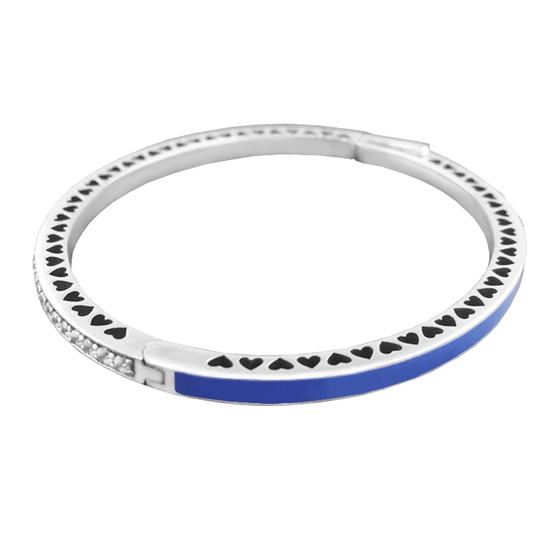 

925 Silver Jewelry Princess Blue Enamel Radiant Hearts Bangle Fashion Jewelry Silver Bangle for Women DIY Charms Jewelry FLB037
