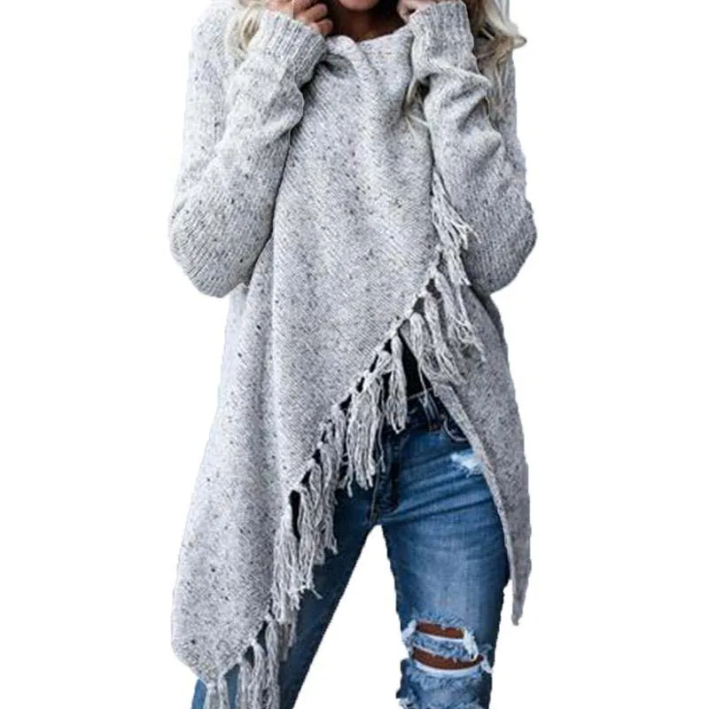 Шаль с бахромой пончо кардиган Модный женский вязаный зимний теплый свитер длинный рукав негабаритное трикотажное пальто