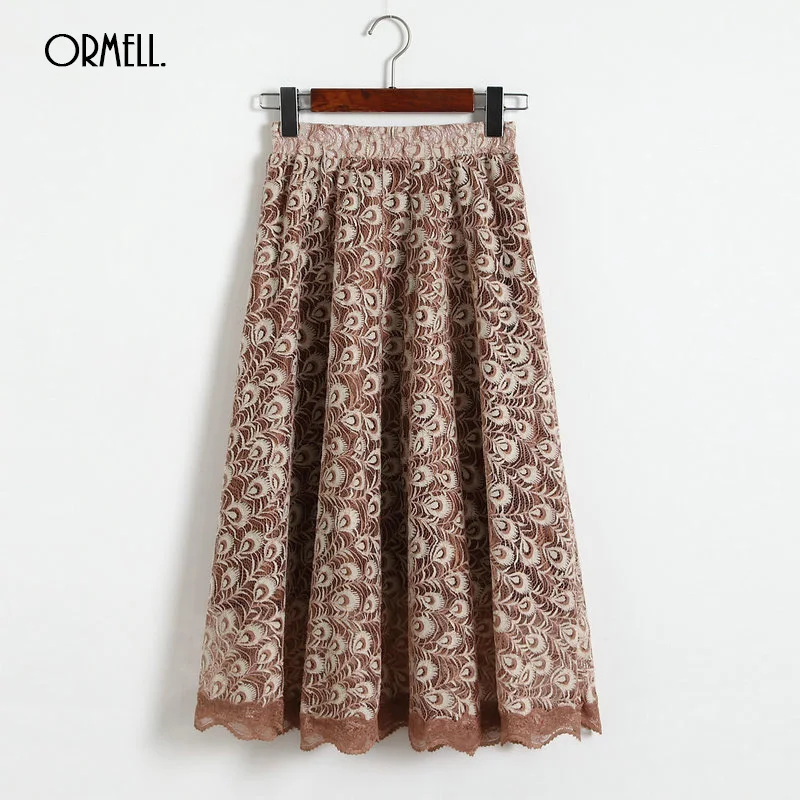 

ORMELL 3 Colors Lace Skirts Womens 2018 Elegant Black Beige Khaki Hollow Peacock Knee Length Tulle Midi Skirt Fashion Ropa Mujer