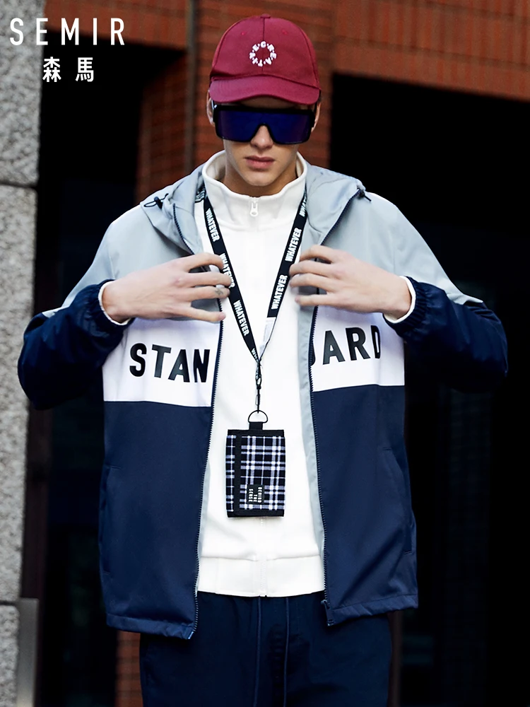

SEMIR Men Color Block Hooded Jacket Men Print Jacket with Elastic Hood Men's Sport Full-Zip Jacket with Front Slant Pocket
