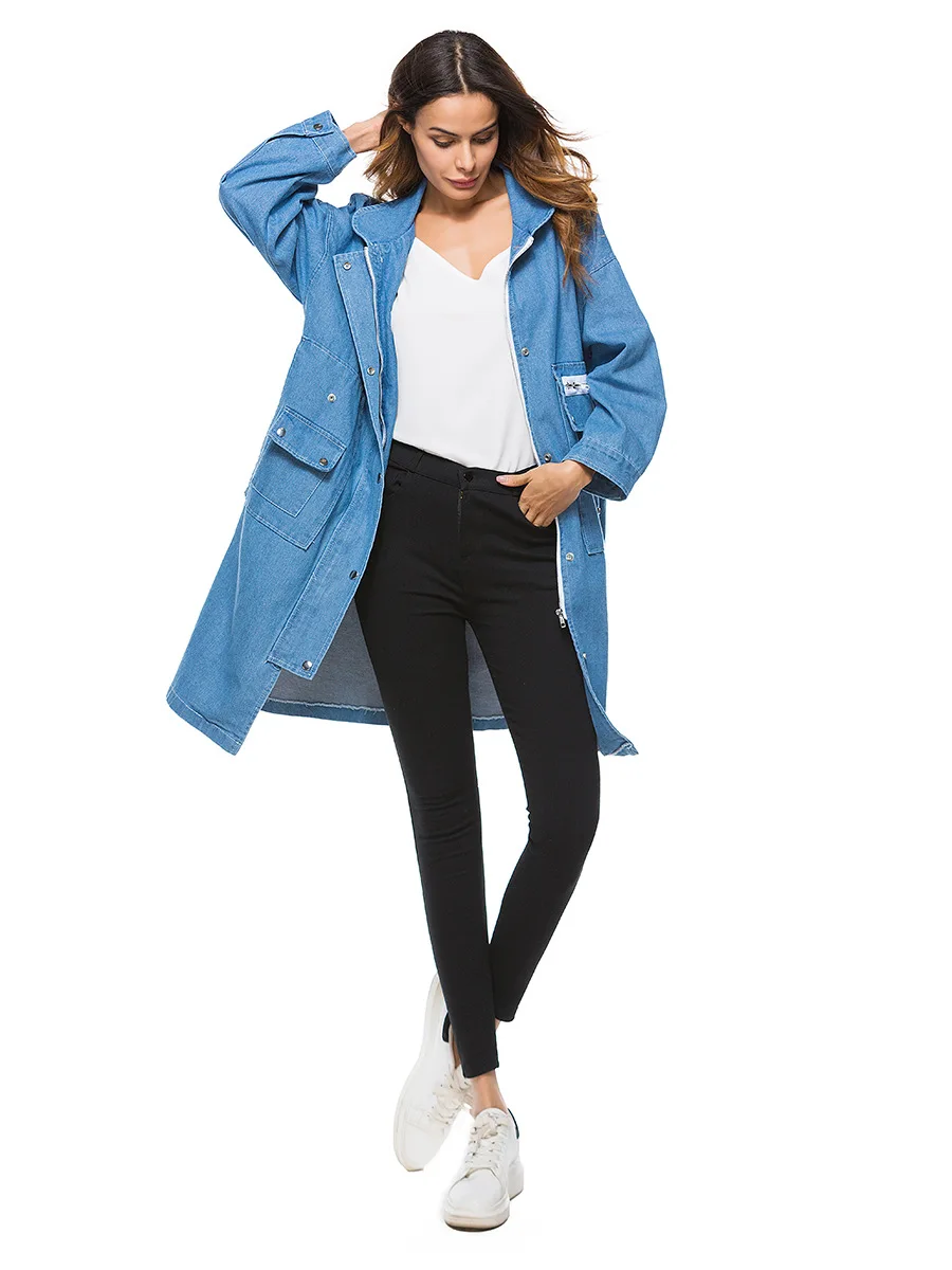 Новая джинсовая куртка с капюшоном для женщин, большой размер, плащ, джинсовая ветровка, весна-осень, новая джинсовая куртка BF, женское длинное Свободное пальто