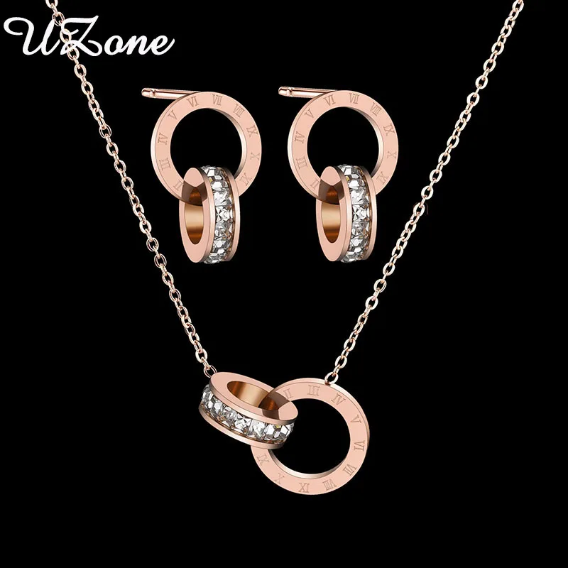 

Uzone Stylish Roman Numerals Earing Necklace Rose Gold Steel Cubic Zircon Link Chain Necklaces Fashion Girl Wedding Jewelry Sets