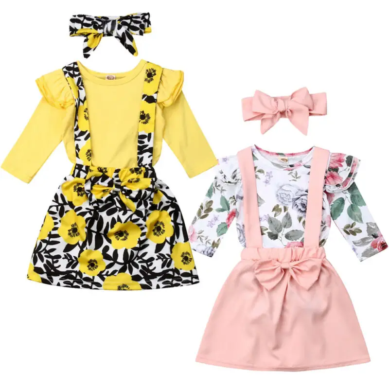 

3PCS Toddler Baby Girls Cotton Long Sleeve Romper Flower Skirt Bowknot Dress Set