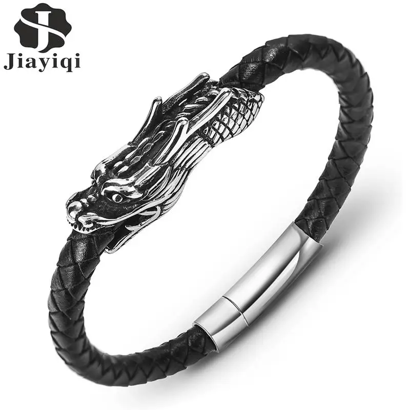 

Jiayiqi Domineering Dragon Leather Bracelet Men Black Braided Rope Stainless Steel Buckle Bangle Punk Male Jewelry Handmade Gift